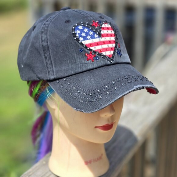 Ladies Black USA Heart BLING Hat NEW - Picture 2 of 4